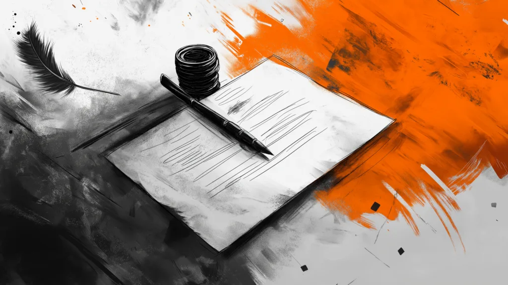 AI generated image by Wade John Beckett a charcoal sketch of a terms and conditions contract on a table, with a quill and ink, with highlighted in burned orange or sunset red white background