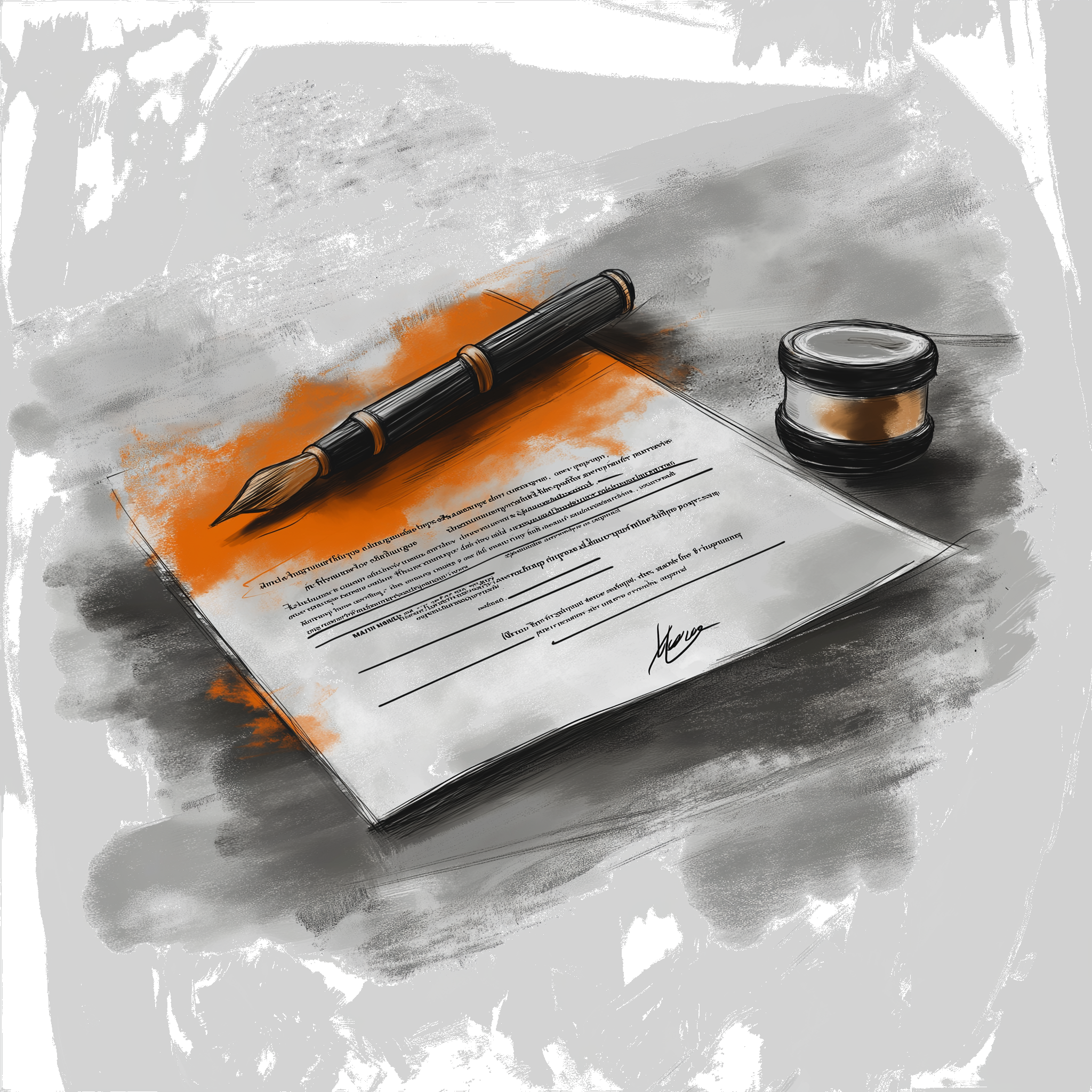 Adeptly Africa Terms and Conditions AI generated image by Wade John Beckett. A charcoal sketch of a terms and conditions contract on a table, with a quill and ink, with highlighted in burned orange or sunset red white background